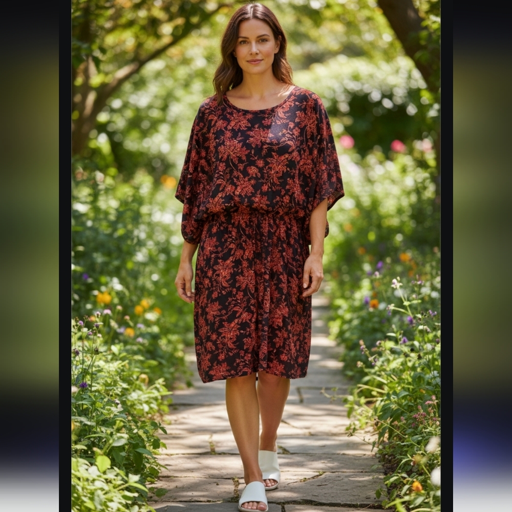 NWOT Lands End Floral Women's Black and Red Women's Dress Size-M-L